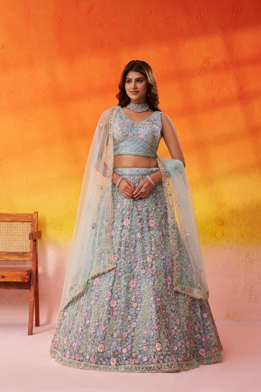 Seagreen Net Fabric Sequins embroidery Semi Stitched Lehenga and Unstitched Blouse With Dupatta