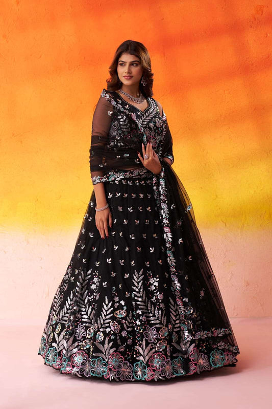 BLACK Net Fabric Sequins Thread and Embroidery Semi Stitched Lehenga and Unstitched Blouse With Dupatta