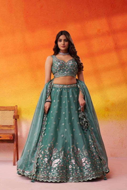 Green Organza Fabric Sequins Thread and Embroidery Semi Stitched Lehenga and Unstitched Blouse With Dupatta