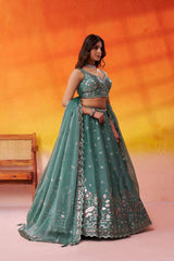 Green Organza Fabric Sequins Thread and Embroidery Semi Stitched Lehenga and Unstitched Blouse With Dupatta