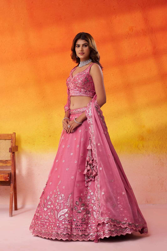 Pink Organza Fabric Sequins Thread and Embroidery Semi Stitched Lehenga and Unstitched Blouse With Dupatta