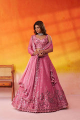 Pink Organza Fabric Sequins Thread and Embroidery Semi Stitched Lehenga and Unstitched Blouse With Dupatta