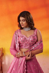 Pink Organza Fabric Sequins Thread and Embroidery Semi Stitched Lehenga and Unstitched Blouse With Dupatta