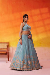 Seagreen Tissue Silk Fabric Sequins embroidery Semi Stitched Lehenga and Unstitched Blouse With Dupatta