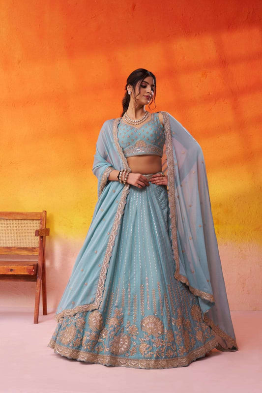 Seagreen Tissue Silk Fabric Sequins embroidery Semi Stitched Lehenga and Unstitched Blouse With Dupatta