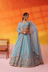 Seagreen Tissue Silk Fabric Sequins embroidery Semi Stitched Lehenga and Unstitched Blouse With Dupatta