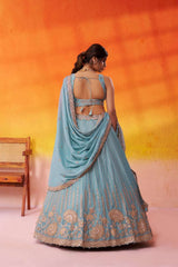 Seagreen Tissue Silk Fabric Sequins embroidery Semi Stitched Lehenga and Unstitched Blouse With Dupatta
