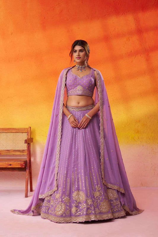 Mauve Tissue Silk Fabric Sequins embroidery Semi Stitched Lehenga and Unstitched Blouse With Dupatta