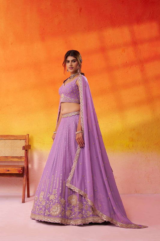 Mauve Tissue Silk Fabric Sequins embroidery Semi Stitched Lehenga and Unstitched Blouse With Dupatta