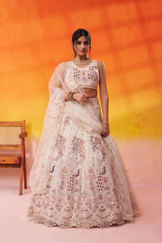 Cream Net Fabric Sequins embroidery Semi Stitched Lehenga and Unstitched Blouse With Dupatta