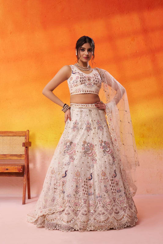 Cream Net Fabric Sequins embroidery Semi Stitched Lehenga and Unstitched Blouse With Dupatta
