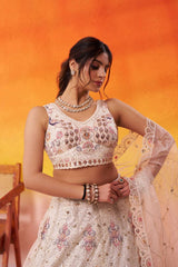 Cream Net Fabric Sequins embroidery Semi Stitched Lehenga and Unstitched Blouse With Dupatta