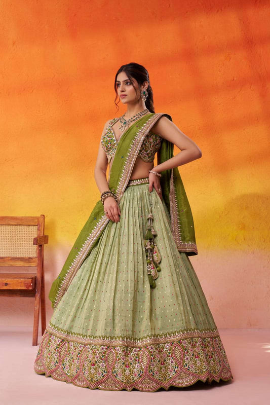 Limegreen Jacquard Tissue Fabric Sequins Thread and Embroidery Semi Stitched Lehenga and Unstitched Blouse With Dupatta
