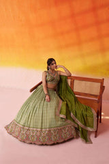 Limegreen Jacquard Tissue Fabric Sequins Thread and Embroidery Semi Stitched Lehenga and Unstitched Blouse With Dupatta