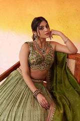 Limegreen Jacquard Tissue Fabric Sequins Thread and Embroidery Semi Stitched Lehenga and Unstitched Blouse With Dupatta