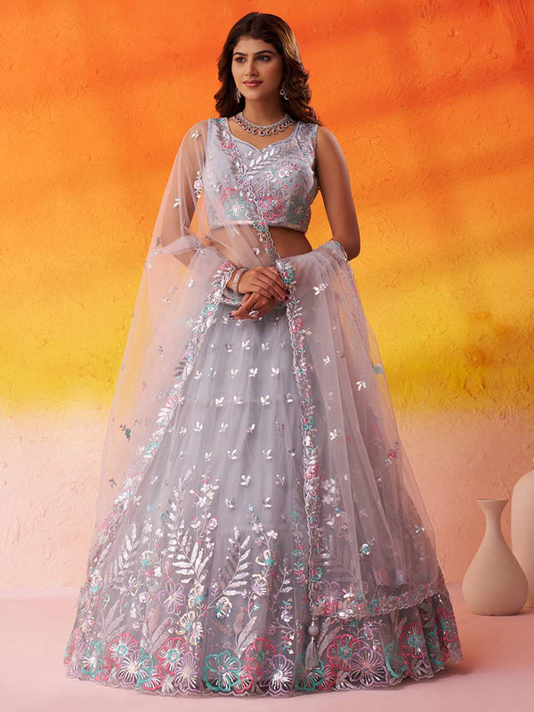 Grey Net Fabric Sequins Thread and Embroidery Semi Stitched Lehenga and Unstitched Blouse With Dupatta