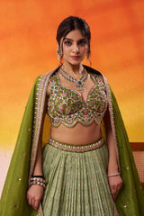 Limegreen Jacquard Tissue Fabric Sequins Thread and Embroidery Semi Stitched Lehenga and Unstitched Blouse With Dupatta