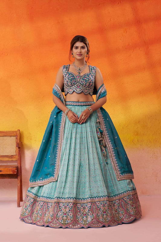 Turquoise Blue Jacquard Tissue Fabric Sequins Thread and Embroidery Semi Stitched Lehenga and Unstitched Blouse With Dupatta