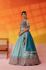 Turquoise Blue Jacquard Tissue Fabric Sequins Thread and Embroidery Semi Stitched Lehenga and Unstitched Blouse With Dupatta