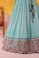 Turquoise Blue Jacquard Tissue Fabric Sequins Thread and Embroidery Semi Stitched Lehenga and Unstitched Blouse With Dupatta