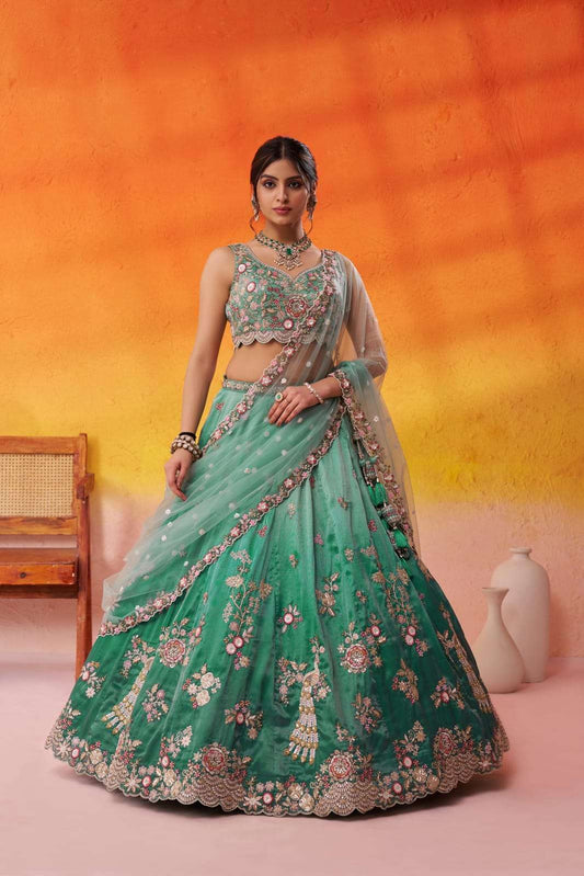 Green Tissue Fabric Sequins embroidery Semi Stitched Lehenga and Unstitched Blouse With Dupatta