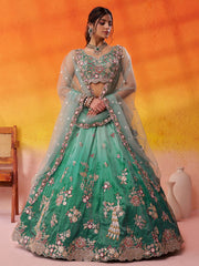 Green  Tissue Fabric Sequins embroidery Semi Stitched Lehenga and Unstitched Blouse With Dupatta