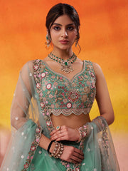Green  Tissue Fabric Sequins embroidery Semi Stitched Lehenga and Unstitched Blouse With Dupatta