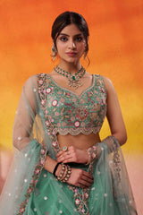 Green Tissue Fabric Sequins embroidery Semi Stitched Lehenga and Unstitched Blouse With Dupatta
