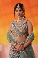 LIMEGREEN Net Fabric Sequins embroidery Semi Stitched Lehenga and Unstitched Blouse With Dupatta