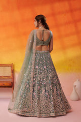LIMEGREEN Net Fabric Sequins embroidery Semi Stitched Lehenga and Unstitched Blouse With Dupatta