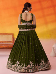 Olive Georgette Fabric Sequins Thread and Embroidery Semi Stitched Lehenga and Unstitched Blouse With Dupatta