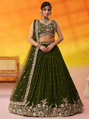Olive Georgette Fabric Sequins Thread and Embroidery Semi Stitched Lehenga and Unstitched Blouse With Dupatta