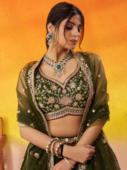 Olive Georgette Fabric Sequins Thread and Embroidery Semi Stitched Lehenga and Unstitched Blouse With Dupatta