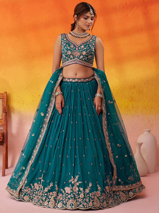 Teal Georgette Fabric Sequins Thread and Embroidery Semi Stitched Lehenga and Unstitched Blouse With Dupatta