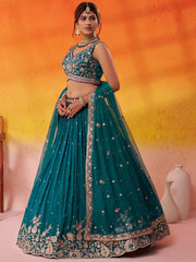 Teal Georgette Fabric Sequins Thread and Embroidery Semi Stitched Lehenga and Unstitched Blouse With Dupatta