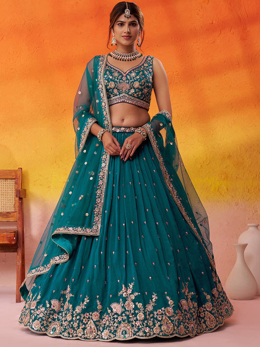 Teal Georgette Fabric Sequins Thread and Embroidery Semi Stitched Lehenga and Unstitched Blouse With Dupatta