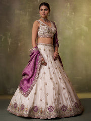 Beige  Tissue Fabric Sequins Thread and Embroidery Semi Stitched Lehenga and Unstitched Blouse With Dupatta
