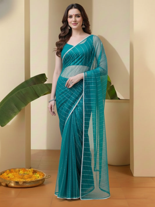 Woven Design Sequinned Net Heavy Work Saree
