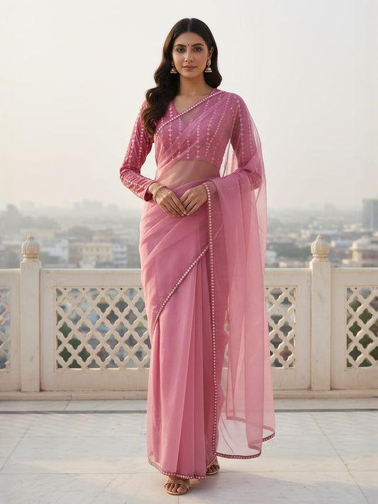 Embellished Mirror Work Organza Saree