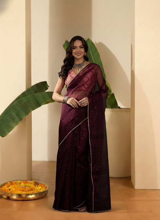Ethnic Motifs Sequinned Organza Saree