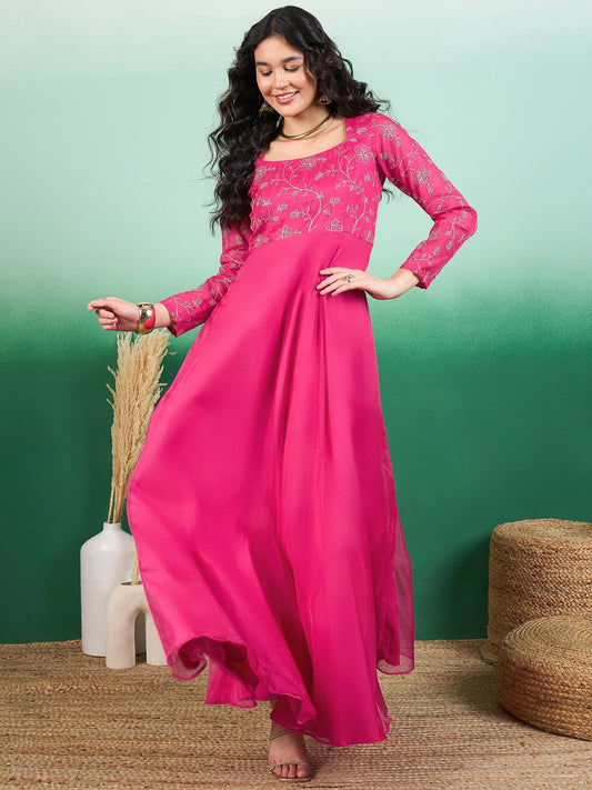 Women Floral Zari Embroidered Maxi Ethnic Dress