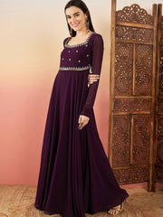Purple Embroidered Fit & Flare Ethnic Dress