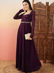 Purple Embroidered Fit & Flare Ethnic Dress