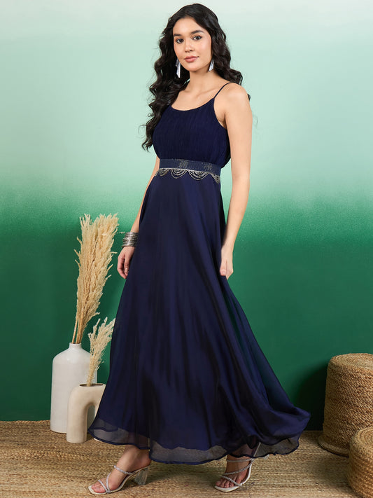 Shoulder Straps A-Line Maxi Dress With Belt