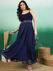 Women Pleated A-Line Belted Ethnic Dress