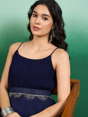 Women Pleated A-Line Belted Ethnic Dress