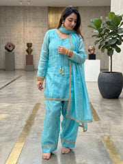 Sky Blue Fendi Satin Salwar Suit