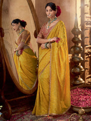 Yellow And Red Embroidered Viscose Saree