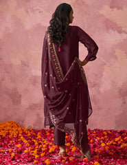 Wine Straight Embroidered Kurta Set