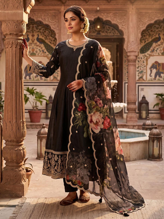 Black Silk Embroidery Kurta Set